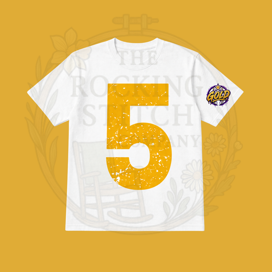Big Number Tee with Gold logo on sleeve